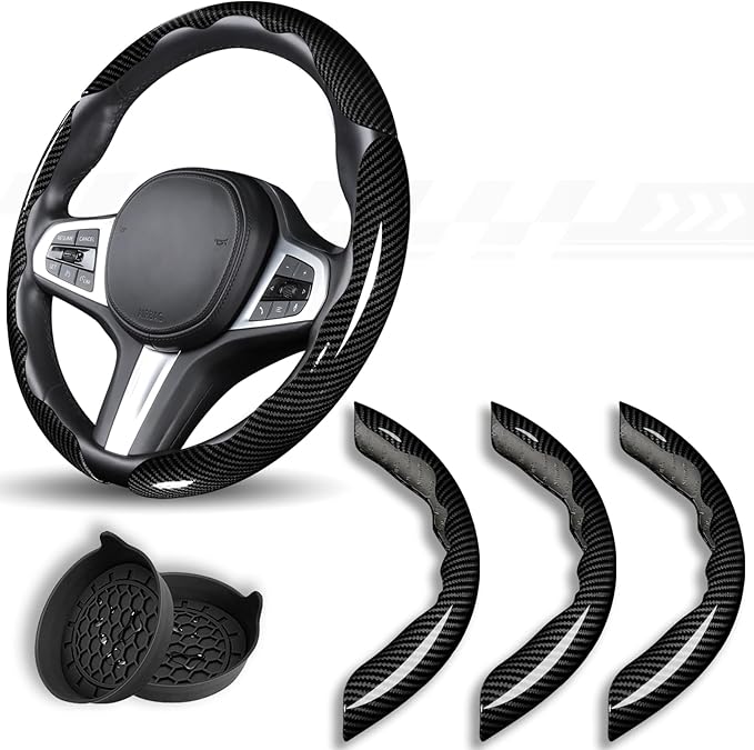 Car Steering Wheel Cover, 3 Piece Bright Carbon Fiber Steering Wheel Covers, Non-Slip Steering Wheel Cover Protector, Great Grip, Universal Car Accessories Decoration for 14.5-15 inch (Black)