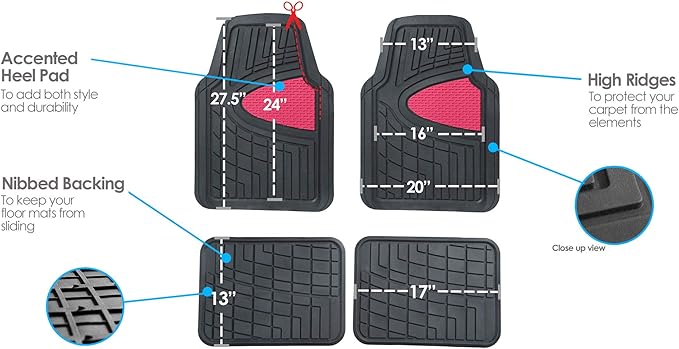 FH Group Automotive Floor Mats - Heavy-Duty Rubber Floor Mats for Cars, Universal Fit Full Set, Climaproof Floor Mats, Trimmable Floor Mats for Most Sedan, SUV, Truck Floor Mats Pink