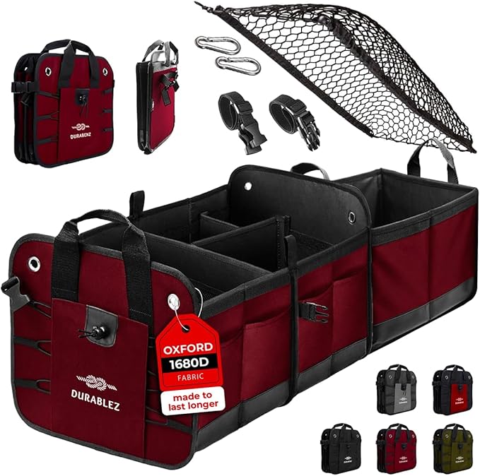 DURABLEZ XL Trunk Organizer 3-Section for SUV, Truck, Sedan, Van – Modular L-Shape Car Storage Box, Collapsible Auto Cargo Organizer with Dividers – Cherry