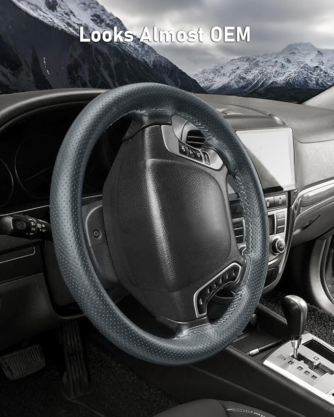 BELINOUS Universal Leather Car Steering Wheel Cover, Stitch On Wrap (Size M3, Gray)