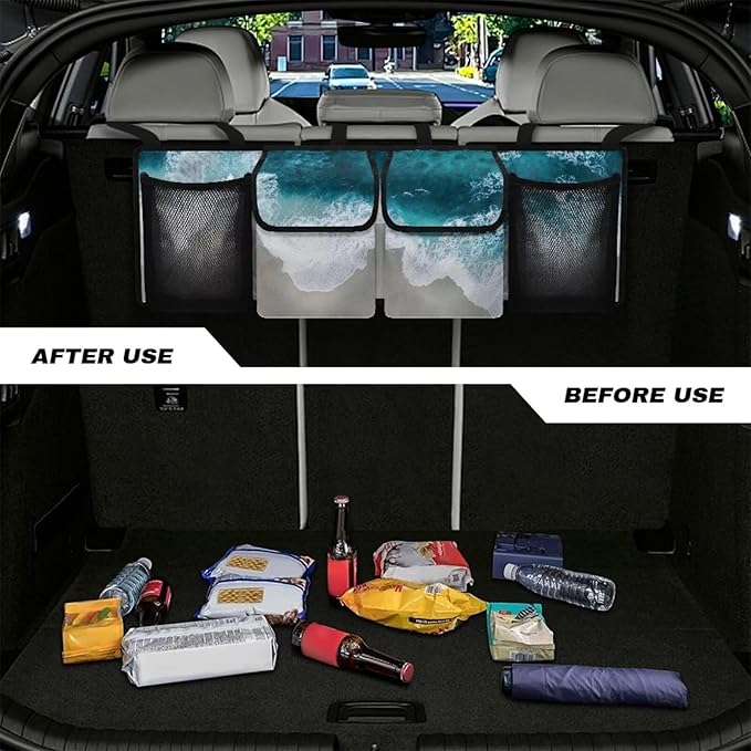 Beach Sea Car Trunk Organizer and Storage, Large Capacity Backseat Hanging Storage with 4 Storage Bag Car Accessories, Backseat Car Organizer Universal for Cars, Truck, vans