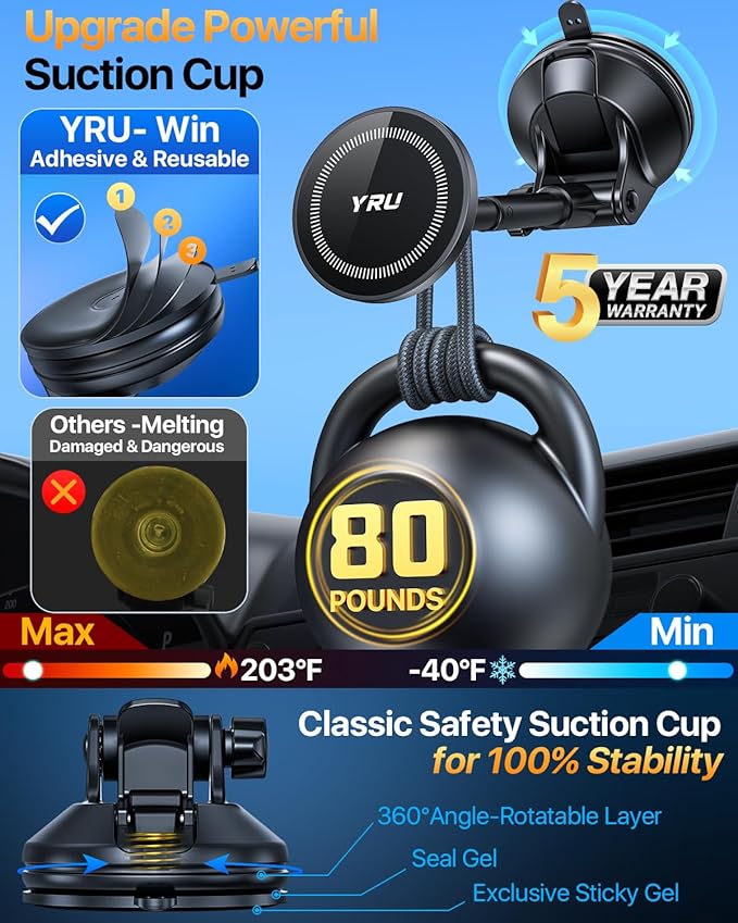 YRU Upgraded Magnetic Phone Holder for Car【Patented & Super Magnet】 for MagSafe Car Mount Dashboard Magnet Phone Holder Windshield Phone Stand for iPhone 17 16 15 14 13 12 Pro Max Samsung, Black