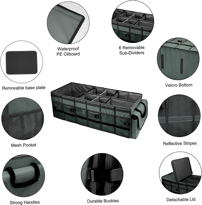 GDNasist Car Trunk Organizer and Storage with Removable Leakproof Cooler Bag, 6 Removable Dividers for Custom Space, Collapsible Trunk Storage with Non Slip Bottom, Foldable Cover for SUV, Jeep, MPVs