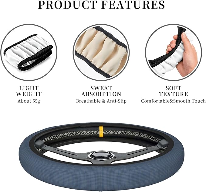 Thickened Elastic Steering Wheel Cover, Plaid Clan Thompson Tartan Grey Blue Ultra, Soft, Breathable, Fit for Cars, SUVs, Trucks, Stylish Comfortable Grip