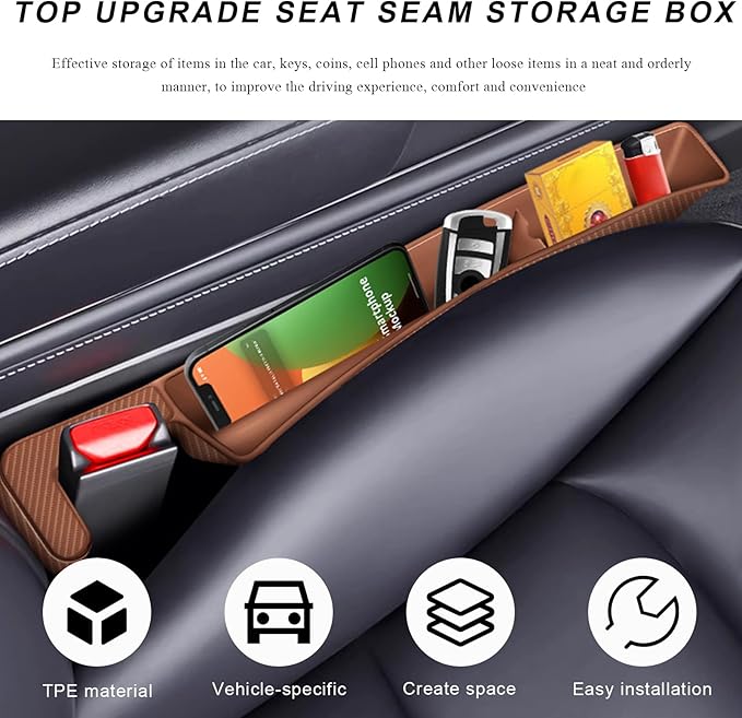 2 PCS Car Seat Gap Filler Organizer, Multifunctional Auto Side Seat Gap Filler Phone Holder, Universal Vehicle Storage Box Fill Gap Space Between Seats and Console (Dark Brown)