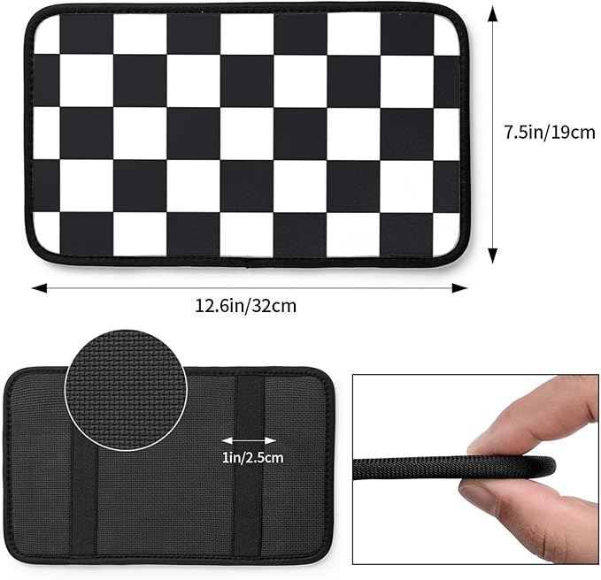 THOEWONG Black White Race Checkered Flag Calibration Chess Grid Auto Center Console Cover Pad Car Armrest Seat Box Cover Cushion Universal for Most Vehicle SUV Truck Car Accessories Decor