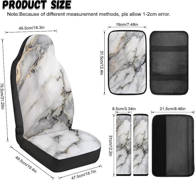 Psesaysky White Marble 2PCS Leather Car Seat Covers for Front Seats + 2 Seat Belt Covers + 1 Armrest Cover, Universal Fit for Cars Trucks SUVs (5PCS Full Set)