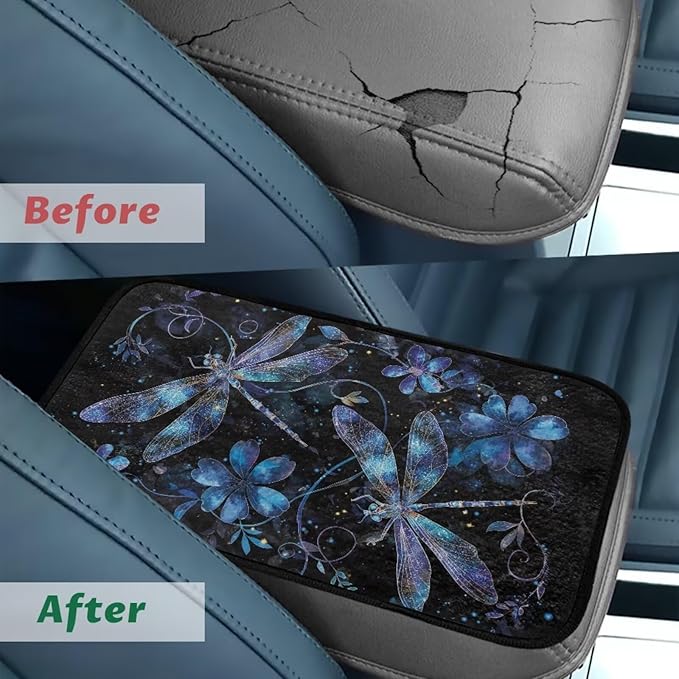 Bulopur Blue Dragonfly Car Center Console Cushion Pad Center Console Cover Fashion Auto Interior Protect from Pet Claws Flannel Car Console Covers Fit for Most Cars, Vehicles, SUVs