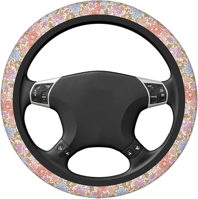 Pink Garden Plants Floral Neoprene Steering Wheel Cover Anti-Slip Elastic Steering Wheel Protective Cover 15in Universal Flower Car Accessories Fit Cars, SUVs, Auto