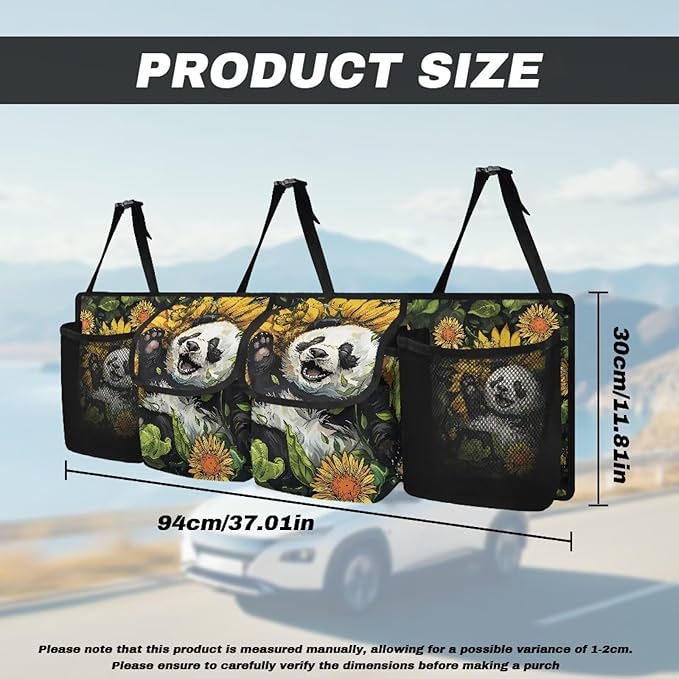 Car Trunk Organizer SUV with 3 Non-slip Strips, Back Hanging Car Storage Organizer with 2 Large Pockets & 2 Mesh Pockets, Auto Accessories Interior,Panda Sunflower