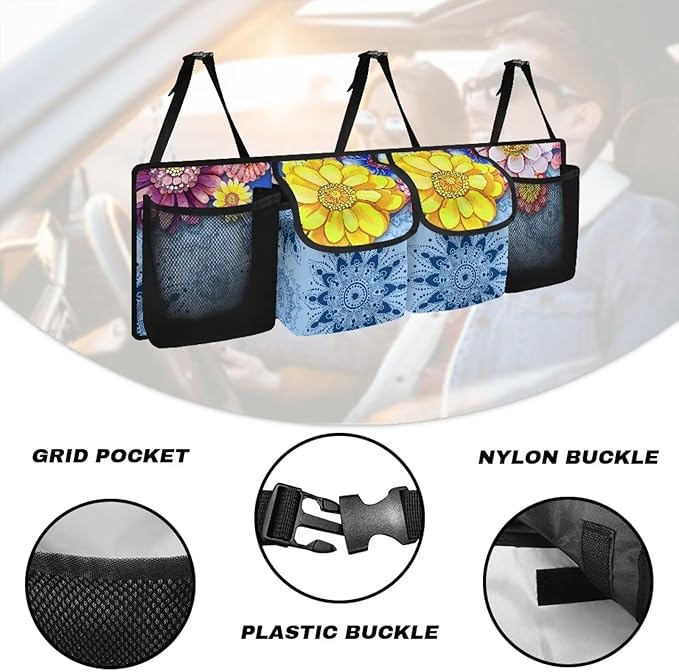 Large Capacity Car Trunk Organizer Blue Mandala Floral Flowers Hanging Cargo Storage Bag with Lid Trunk Storage Bag,Easy to Install