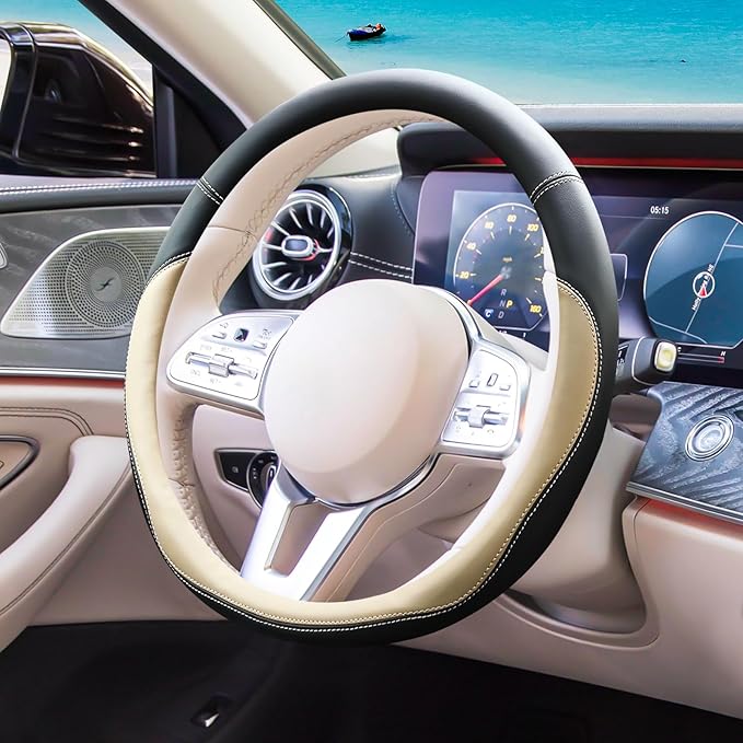 Beige Car Steering Wheel Cover, Nappa Leather, Bottom Color Blocking, Universal 14.5-15 Inch Leather Anti-Slip Breathable Auto Steering Wheel Covers for Men Women