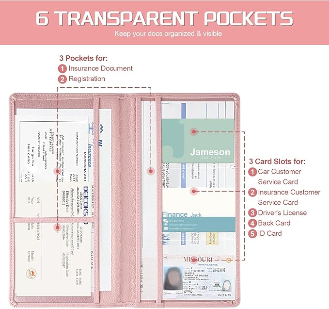JUSTTOP 2Pack Car Registration and Insurance Holder,Car Document Holder for Cards License with Magnetic Shut,Vehicle Glove Box Car Organizer for Documents, Cards, License(Embossed leather Pink)