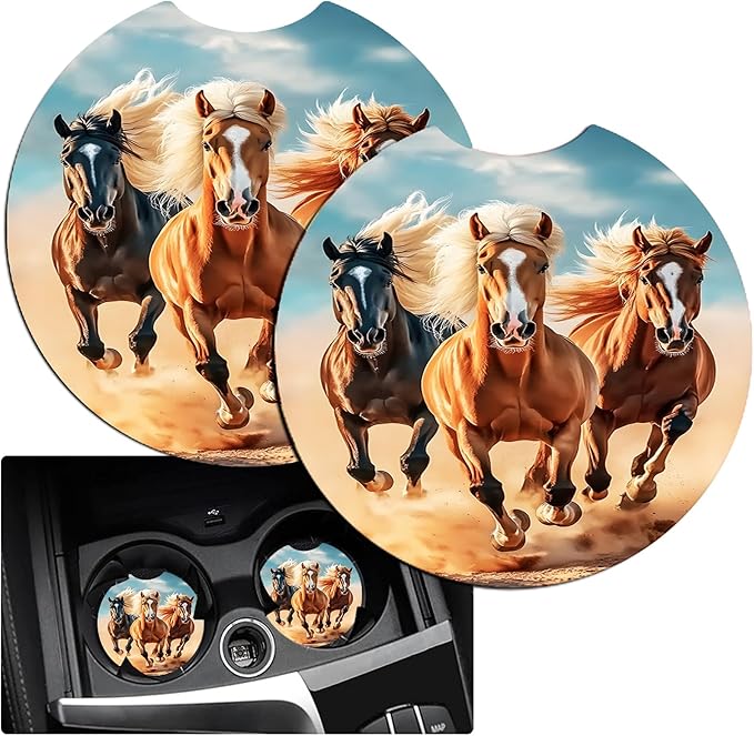 JANENFNA Car Armrest Cover Pads Universal Fashion Cute Auto Center Console Armrest Cover Pad with 2PCS Car Coasters Soft Waterproof Car Armrest Seat Protector for Women,Free Wild Horses Running