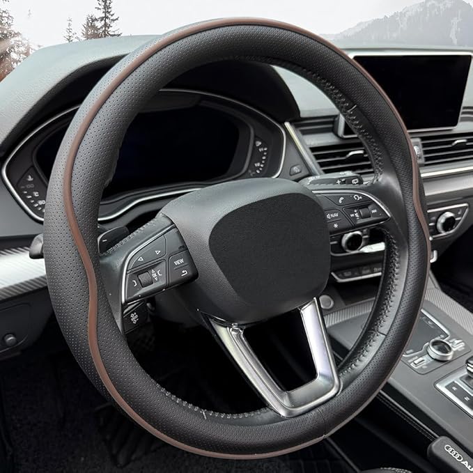 HAOTULE Leather Steering Wheel Cover， with Anti-Slip Stripe Design - Enhanced Grip, Fashion Style, Safe, Non-Slip, Breathable. Upgrade car Interior，Black Brown