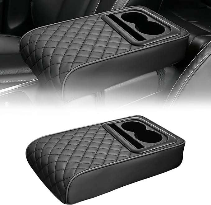 Leather Car Armrest Cup Holder Cushion, Memory Foam Car Arm Rest Cushion with Cup Holder & Phone Storage, Waterproof Ergonomic Armrest Box, 13.78" x 7.78" (Black)