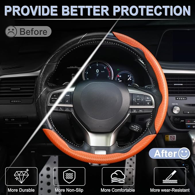 Amiss 3pcs Carbon Fiber Anti-Skid Steering Wheel Cover, Waterproof & Segmented Butterfly Design, Universal 99% Vehicle Wheel Cover Protector, Car Interior Accessories, Orange