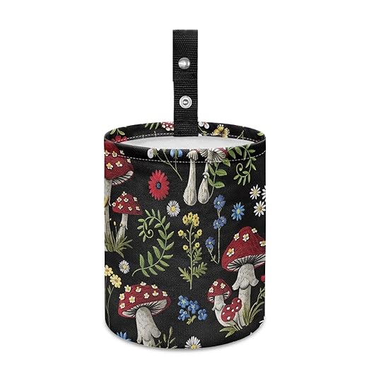 Floral Mushroom Car Trash Bag Waste Basket with Adjustable Buttons Collapsible Car Storage Bag Multipurpose Road Trip Essentials for Outdoor Activities