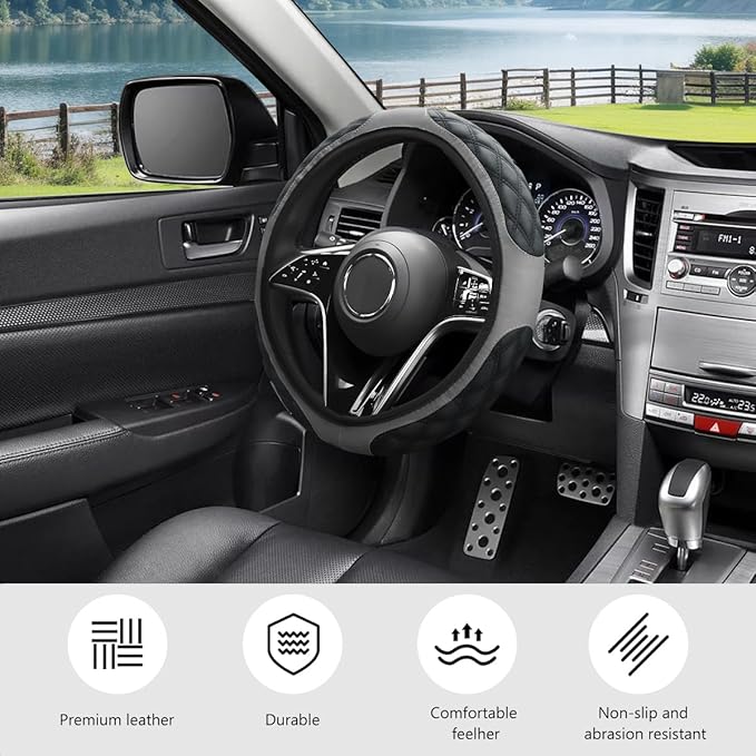 Car Steering Wheel Cover, 15 Inches Leather Steering Wheel Protector with Non-Slip Grip, Universal Wheel Covers Interior Decoration for Sedens Trucks SUVs, Car Accessories (Gray)