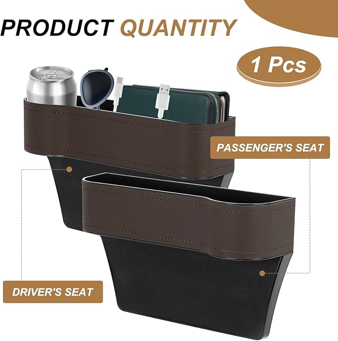 HARFINGTON Car Seat Gap Filler Organizer 10.2 x 6.5 x 3.1 Inch ABS+Leather Universal Car Organizer Storage Box Between Seat and Console (Left) with Cup Holders for Phone Keys, Brown
