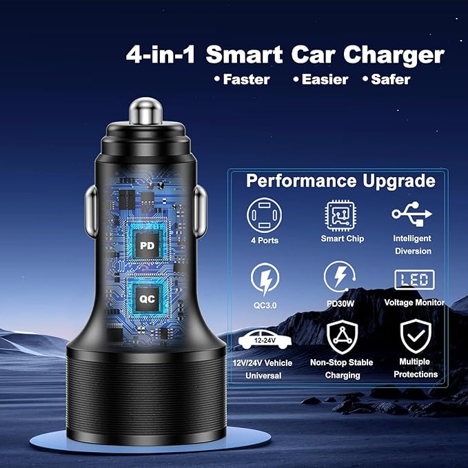 USB C Car Charger, 65W Fast Charging Cigarette Lighter 4-Ports PD 30W USB Car Phone Charger with Volt Meter, 2 x USB-C Cables for iPhone 16 15 14 13, Samsung Galaxy S25 S24 S23 S22, iPad & Tablets
