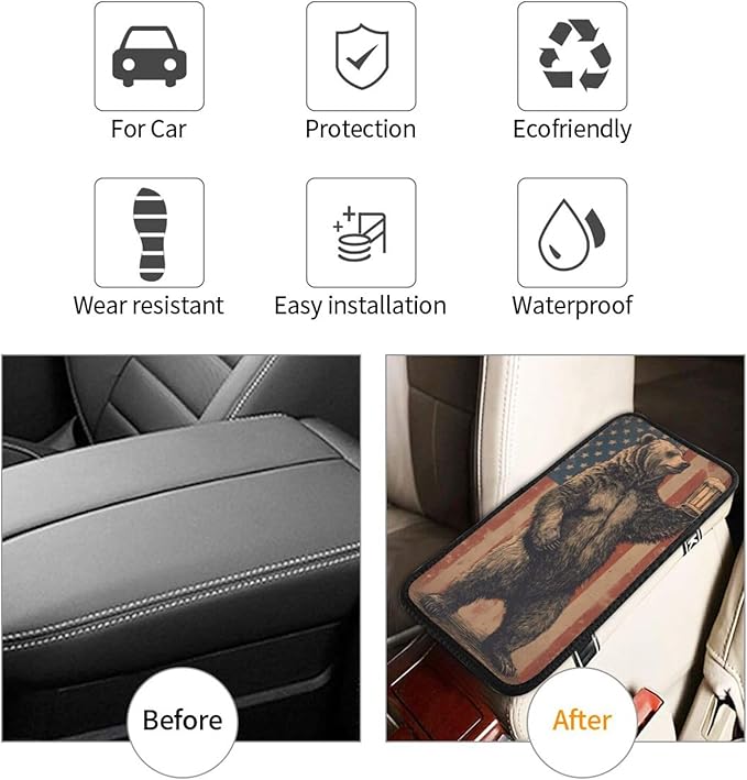 Happy Camper Bear Center Console Cover Pad, American Flag Car Armrest Seat Box Cover Cushion Universal for Most Vehicle SUV Truck, Car Interior Accessories Decor, Protect from Pet Claws & Dirt
