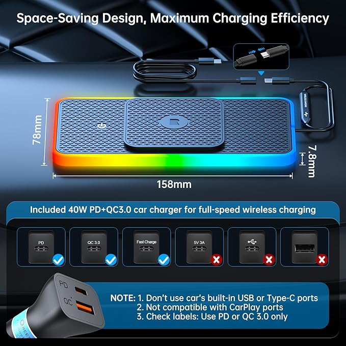 Wireless Car Charger Pad, REESTECQI 15W RGB Wireless Charger for Car Type C Non Slip Charging Pad for Car Compatible with Airpods iPhone16/15/14/13/12, Samsung Google (30CM+ 70CM Extension)