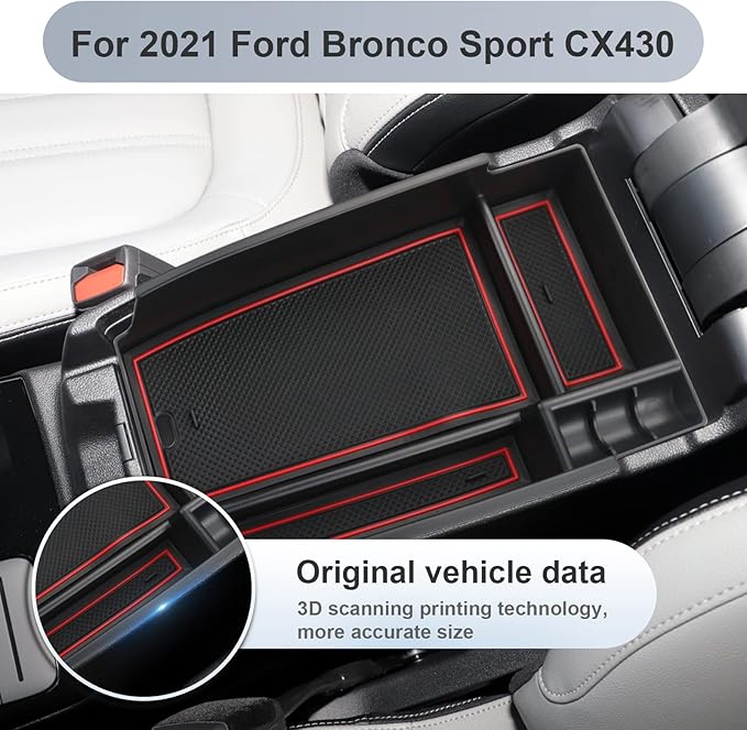SKTU for 2021 2022 2023 2024 2025 Ford Bronco Sport Center Console Organizer for 2023 2024 2025 Ford Bronco Sport Accessories Insert ABS Black Materials Tray Armrest Secondary Storage Box (Red)