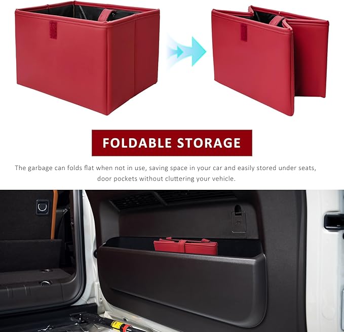Car Trash Bin, Foldable Leather Auto Rubbish Can with Reinforced Bottom & Trash Bags, Waterproof Hanging Garbage Can Backseat Storage Box for Most Vehicles, Car Accessories (Red)