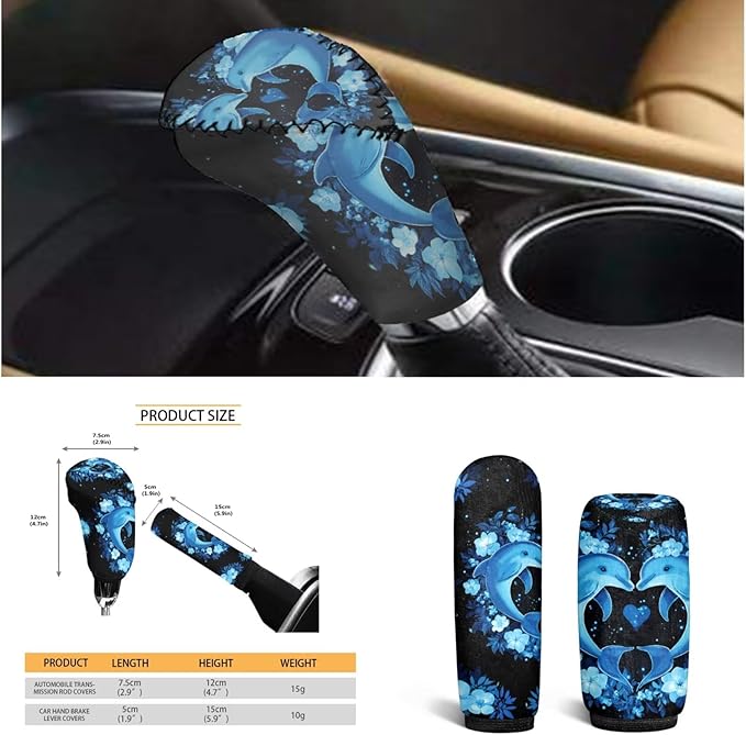 Neon Dolphin Car Steering Wheel Covers Set for Women Car Interior Accessories 6 Pcs Cute Blue Dolphin Handbrake Gear Cover Cup Coaster Armrest Cover Fit Vans Trucks,SUV