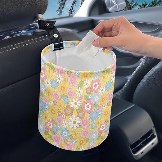 Brosoneto Colorful Hippie Flower Car Trash Bag Car Trash Can for Car Front Seat, Back Seat, Floor, Headrest-Easy to Clean Car Garbage Accessory Car Interior Decoration