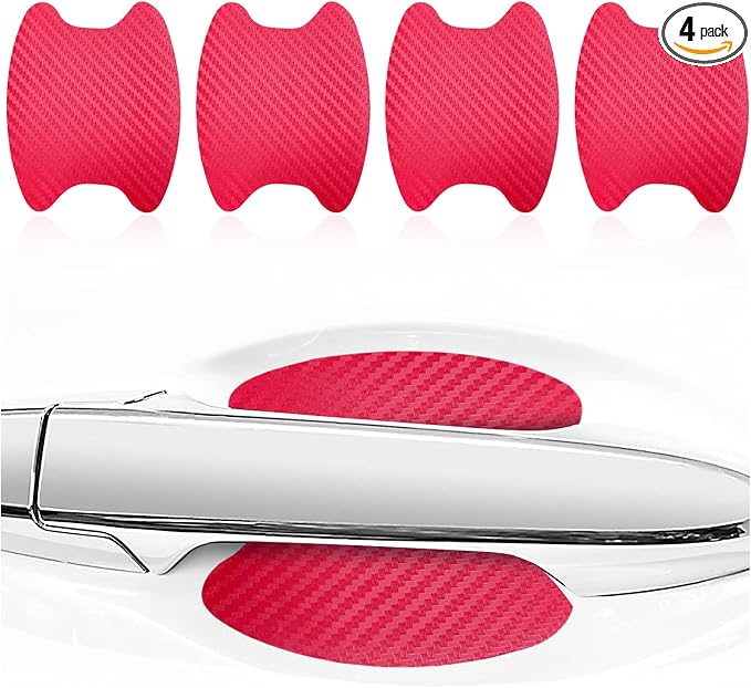 Kewucn 4PCS Car Handle Sticker, Carbon Fiber Auto Door Handle Protective Films, Anti-Scratch Vehicle Cup Protector, Universal Exterior Accessories for Most Cars (Red)