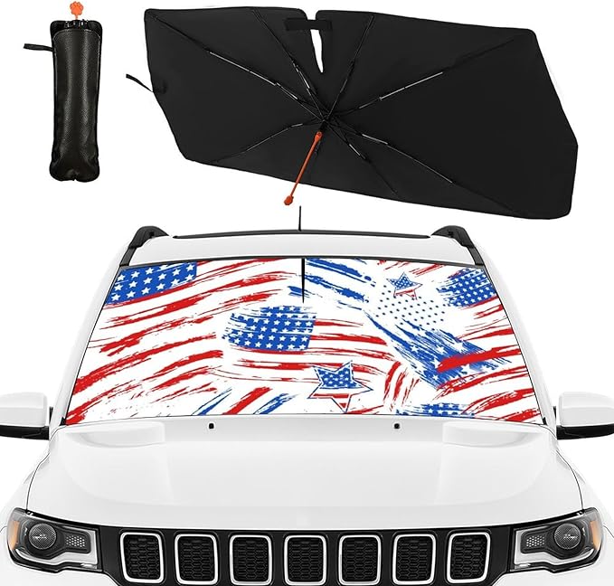 DOPINDU American Flag Car Windshield Sun Shade Umbrella Bendable Handle Foldable Funny Sunshade for Car Windshield Block UV Rays Keep Vehicle Cool for Most Sedans SUV Trucks Cars 57"x30"