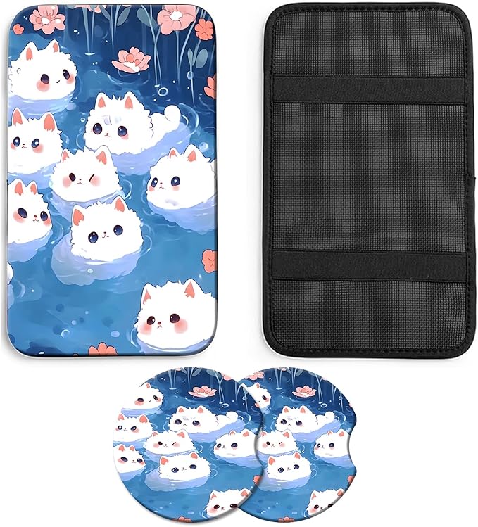 JANENFNA Car Armrest Cover Pads Universal Fashion Cute Auto Center Console Armrest Cover Pad with 2PCS Car Coasters Soft Waterproof Car Armrest Seat Protector for Women,Cute White Cat in Water
