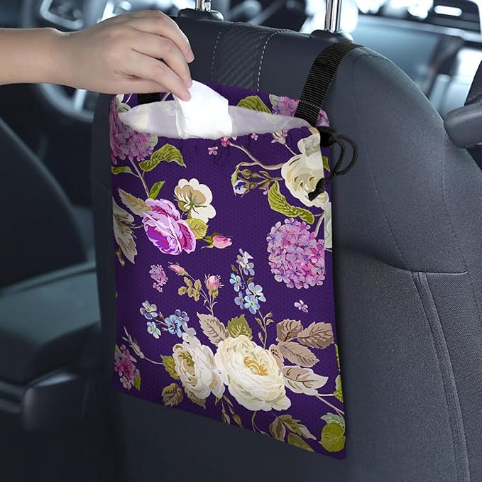 GEGEPINK Car Trash Bag Hanging Back of Seat Waterproof Small Cute Printed One-Handed Strap Drawstring Garbage Bags for Car-Purple Floral
