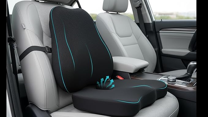 Car Seat Cushion with Lumbar Support for Long Drives – 3D Breathable Mesh Memory Foam Pad, Non-Slip Truck Seat Cushion with Adjustable Strap, Lower Back Support for Car, Office, Gaming Chair, Black