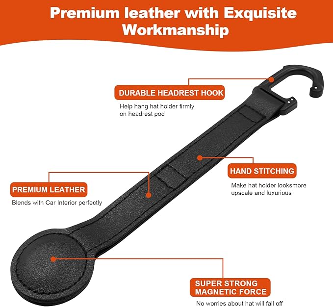 2 Pack Cowboy Hat Holder for Truck, Leather Magnetic Cap Clip, Truck Car Seat Hat Organizer Accessories for Men and Women, Suitable for Car, SUV, Pickup Seat Back Headrest Hat Clip Storage (Black)