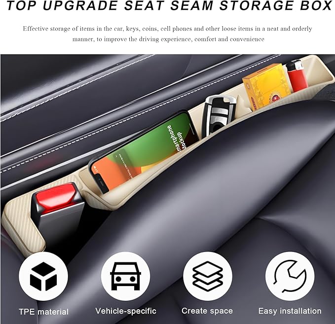 2 PCS Car Seat Gap Filler Organizer, Multifunctional Auto Side Seat Gap Filler Phone Holder, Universal Vehicle Storage Box Fill Gap Space Between Seats and Console (Beige)