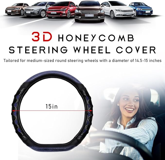 Car Steering Wheel Cover, 15 Inches 3D Honeycomb Design Car Steering Wheel Protector with Comfy Grip, Breathable Anti-Slip D-Shaped Steering Wheel Sleeve for Most Vehicles (Blue)