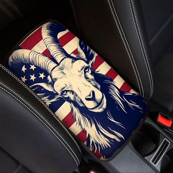 Car Center Console Pad, Universal Waterproof Car Armrest Seat Box Cover, Car Interior Accessories for Most Vehicle SUV Truck Vintage American Flag Goat Car Armrest Pad