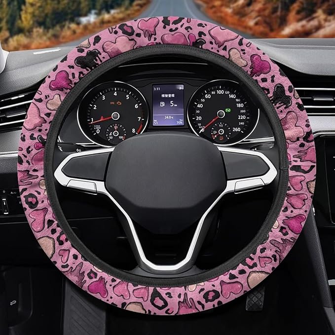 Universal Non-Slip Steering Wheel Cover, 15-inch Polyester Material Driving Accessories, Adjustable for Car and Truck(Sweet Cool Pink Leopard)