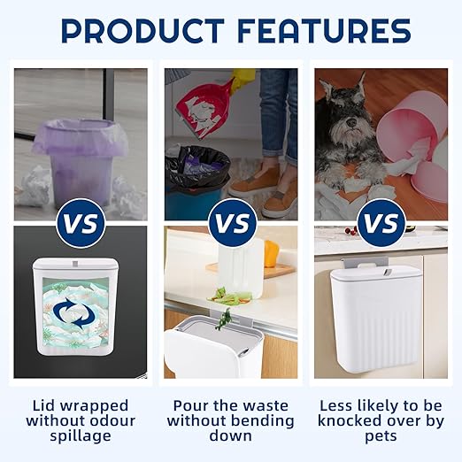 3 Pack Hanging Trash Can with Lid, Kitchen Compost Bin for Counter Top or Under Sink, Waste Basket Wall Mounted Garbage Can for Cupboard/Bathroom/Bedroom/Office/Camping (White)