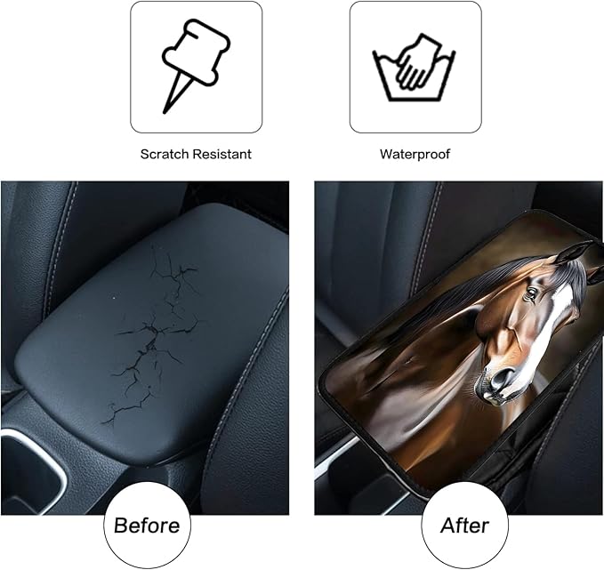 JANENFNA Car Armrest Cover Pads Universal Fashion Cute Auto Center Console Armrest Cover Pad with 2PCS Car Coasters Soft Waterproof Car Armrest Seat Protector for Women,Cute Horse Pattern