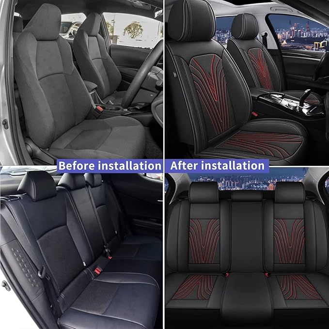 DISUTOGO Full Set Seat Covers Fit for Nissan Juke 2011-2017 Waterproof Faux Leather Automotive Cushion Protector Car seat Covers Compatible Airbag(5 Seats, Red Line)