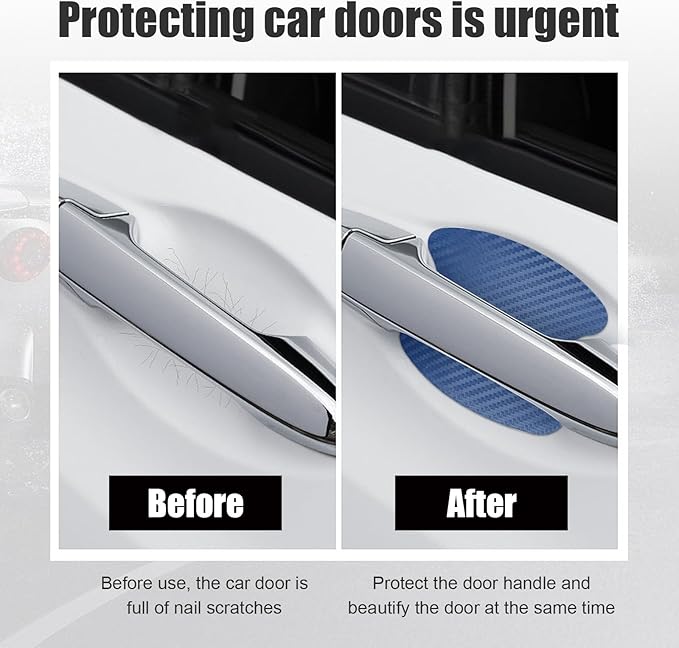 Kewucn 4PCS Car Door Handle Sticker, Carbon Fiber Auto Door Side Handle Protective Films, Anti-Scratch Vehicle Door Cup Protector, Universal Exterior Accessories for Most Cars (Blue)