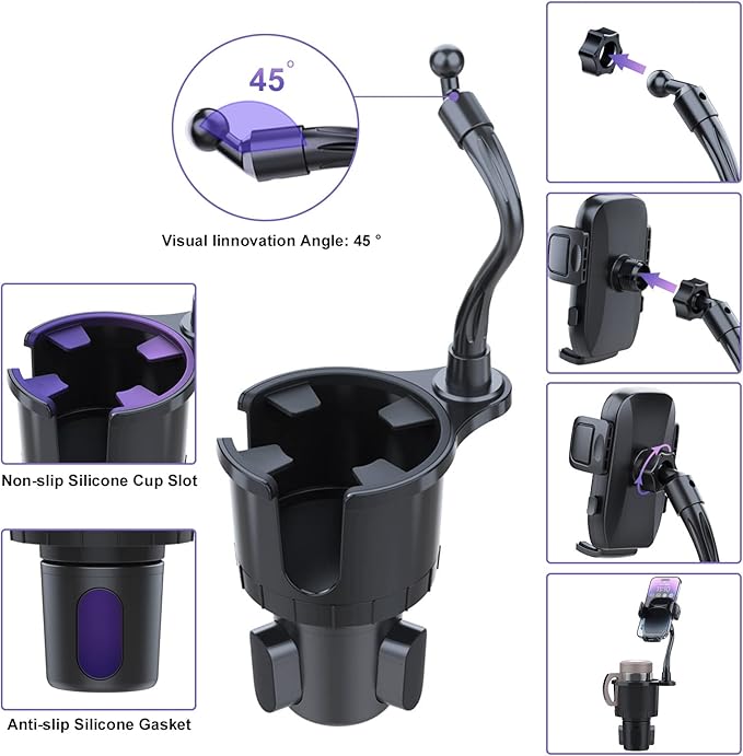 JINKEY Cup Holder Phone Mount, 360°Rotation Gooseneck Car Cup Holder Expander with Cell Phone Holder with Adjustable Base Phone Cup Holder for Car Compatible with iPhone & All Smartphones