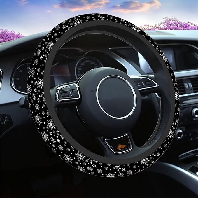 Swono Snowflakes Car Steering Wheel Covers Snowflakes On A Black Universal Fit 15 Inch Anti-Slip Steering Wheel Protector Cover Stretch-On Fabric Automotive Car SUV Sedans