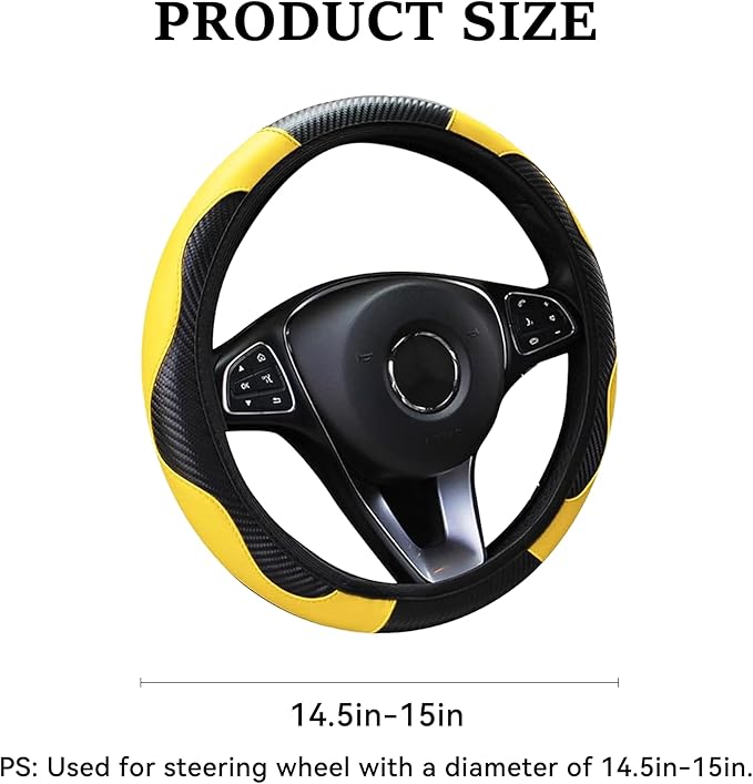 Car Steering Wheel Cover, 15 inch Carbon Fiber Microfiber PU Leather Elastic Steering Wheel Protector for Men Women, Universal Durable Car Decorative Fit for Most Cars, Trucks, SVU (Yellow)
