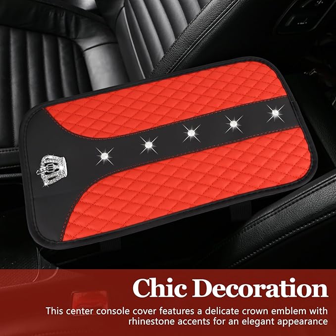 Bling Crown Car Center Console Cover, 12.7"×7.7" Armrest Cover for Cars, Waterproof Leather Arm Rest Box Pad Cushion, Universal Middle Console Cover Protector, Car Accessories (Red)