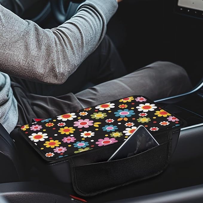 BIGCARJOB Stylish Daisy Print Armrest Pad with Pocket Universal Car Center Console Cover Hippie Daisy Print Car Armrest Storage Box Middle Console Cover Universal Armrest Cover Cushion